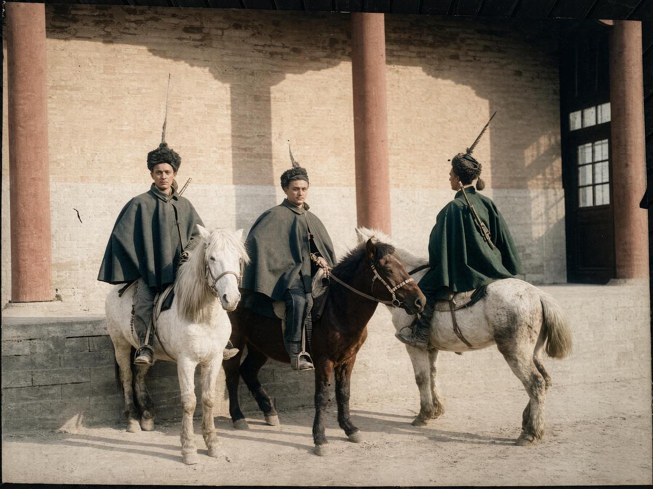 1900年，庚子年期间，八国联军中意大利骑兵在华北（多为天津）驻留的影像。三名