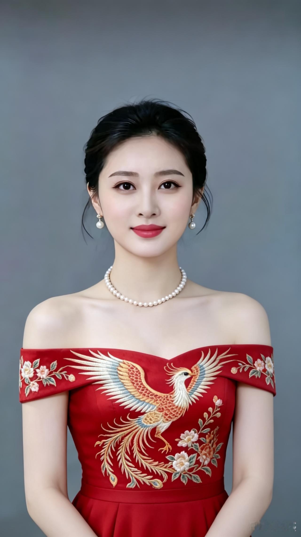 红妆佳人一袭红妆耀彩光，珠玑绕颈玉流芳。明眸似水含情韵，笑靥如春醉艳阳。