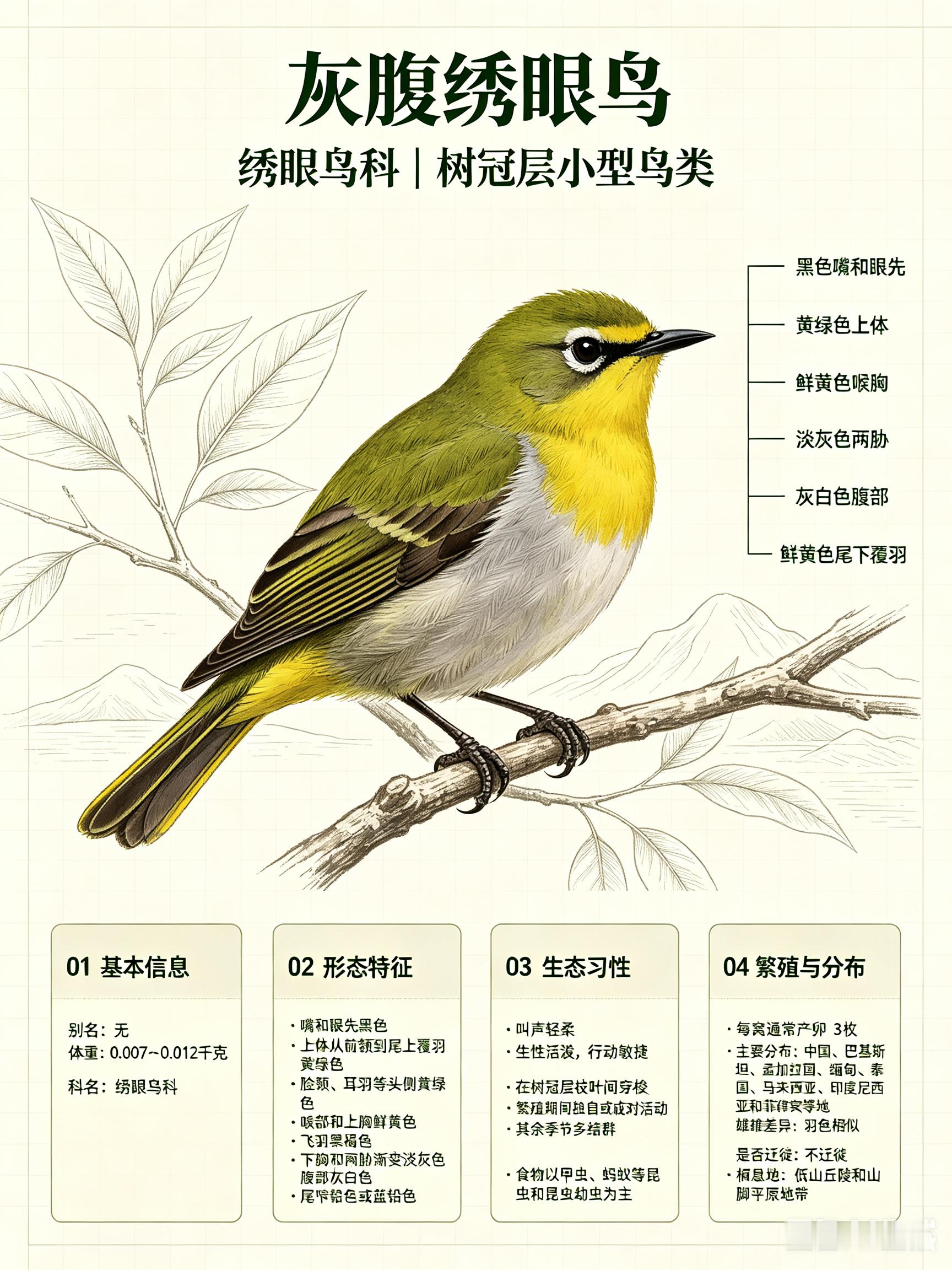 鸟类朋友图鉴灰腹绣眼鸟科名：绣眼鸟科体重：0.007～0.012千克别名：无灰