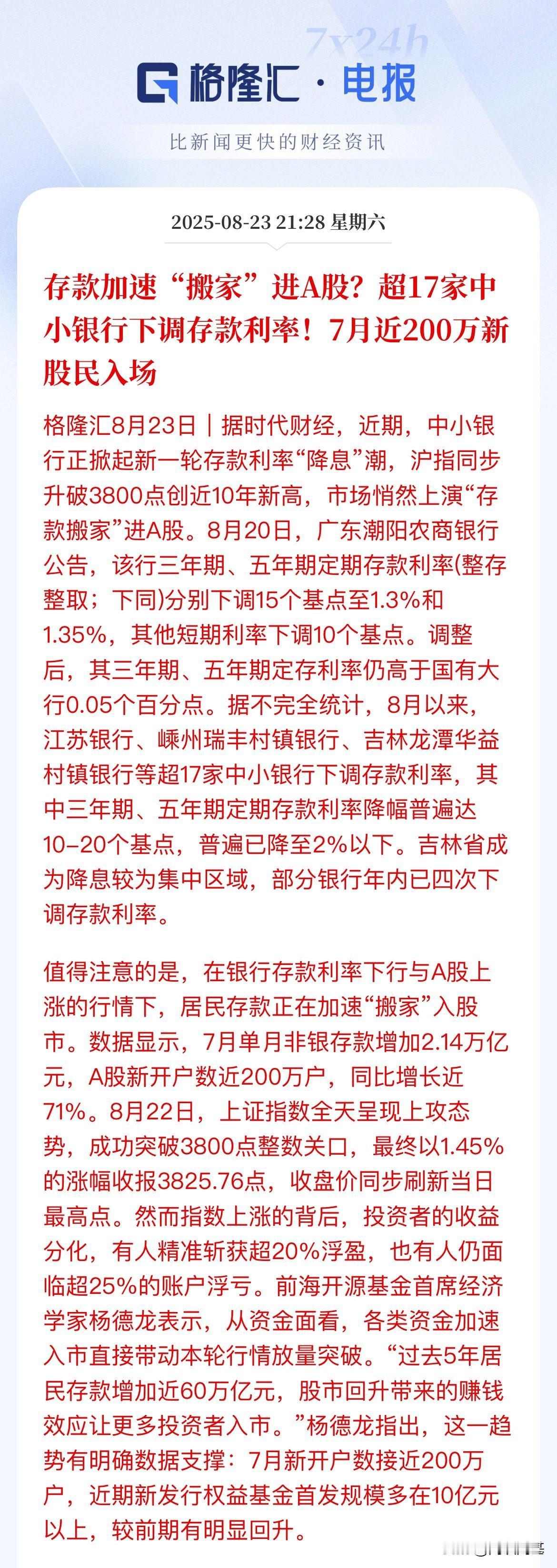 存款加速入A股了？银行存款利率再降，就差那句话：还不走，看那股市涨的，你咋还不动