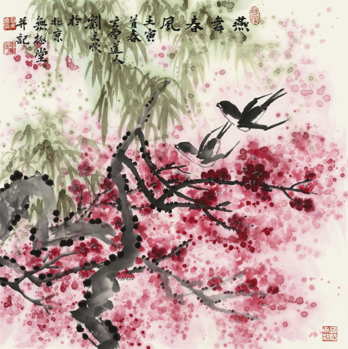 这幅作品是刘文顺老师创作的国画《燕舞春风》，画面以泼彩技法描绘了春日盛景：粉红梅花如云霞般绽放，枝干