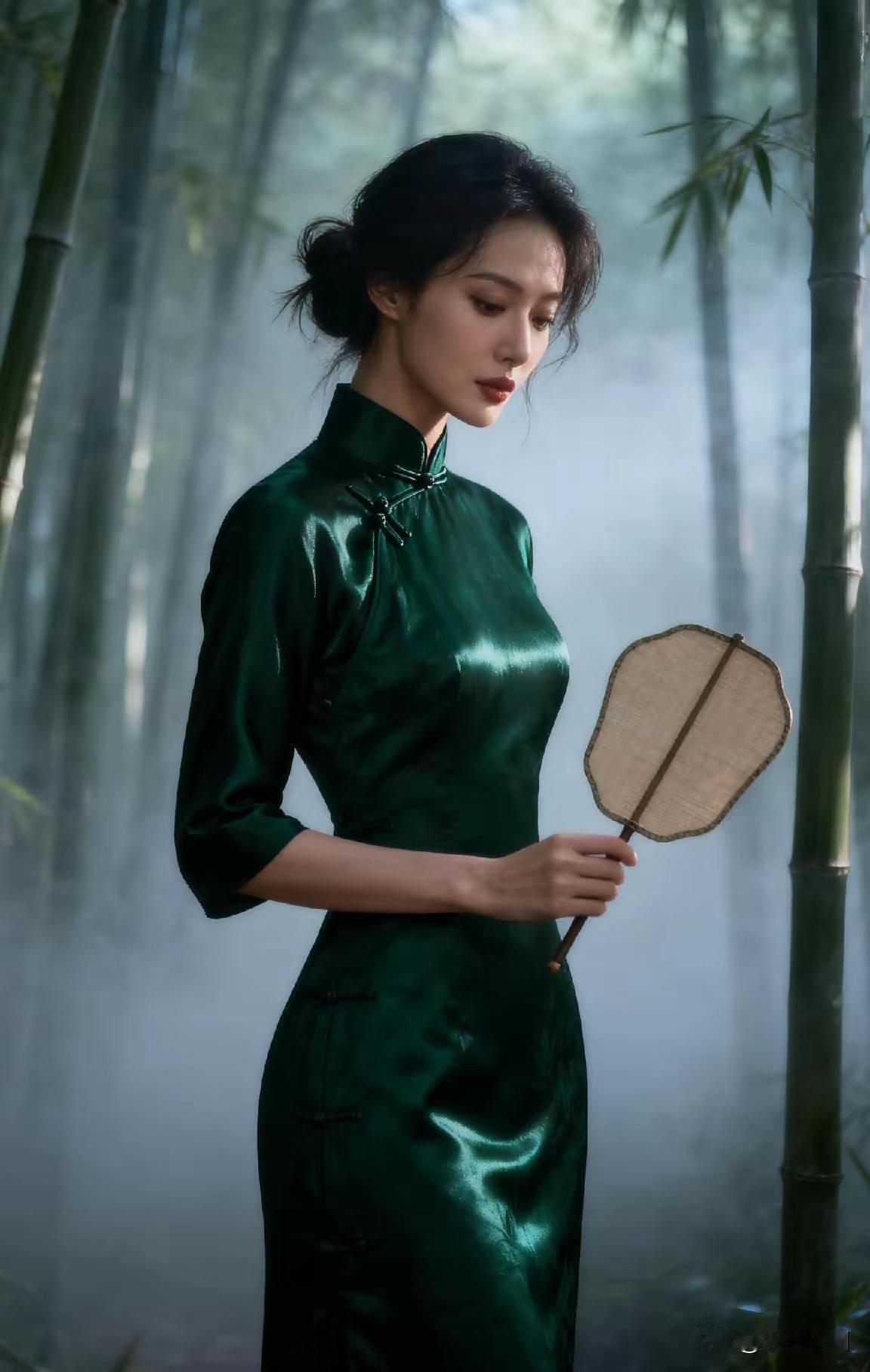 清江引·竹雾墨绿旗袍竹林赴约旗袍著，墨绿如竹雾。缎面润光浮，线条风姿酷。