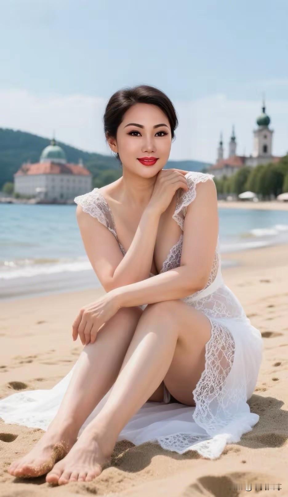 沙滩上红唇白裙的优雅女神，简直是视觉盛宴！就像那组美到窒息的海边白裙写...