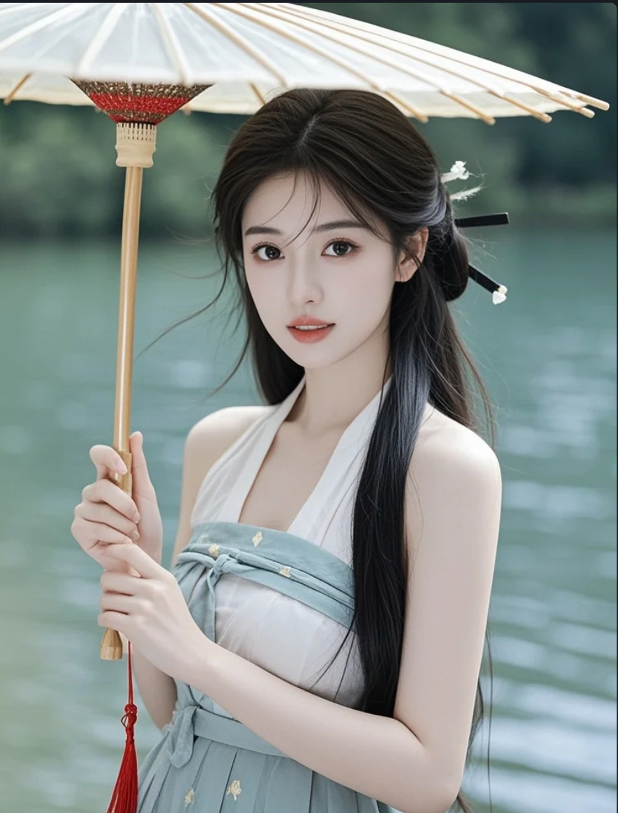 湖边撑伞回眸一笑的她，胜过千言万语