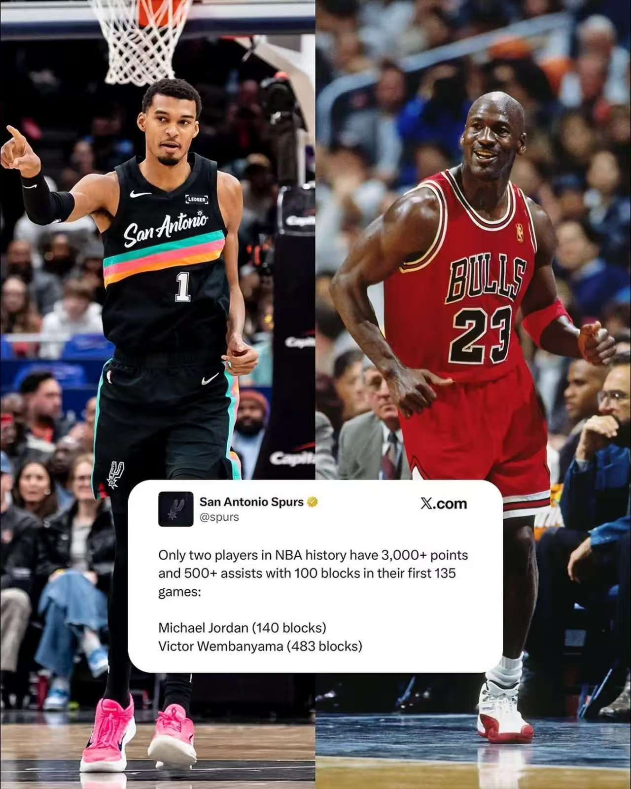 最近马刺队官方给出了一组数据，显示了文班亚马到底有多强。在NBA历史上，只有两