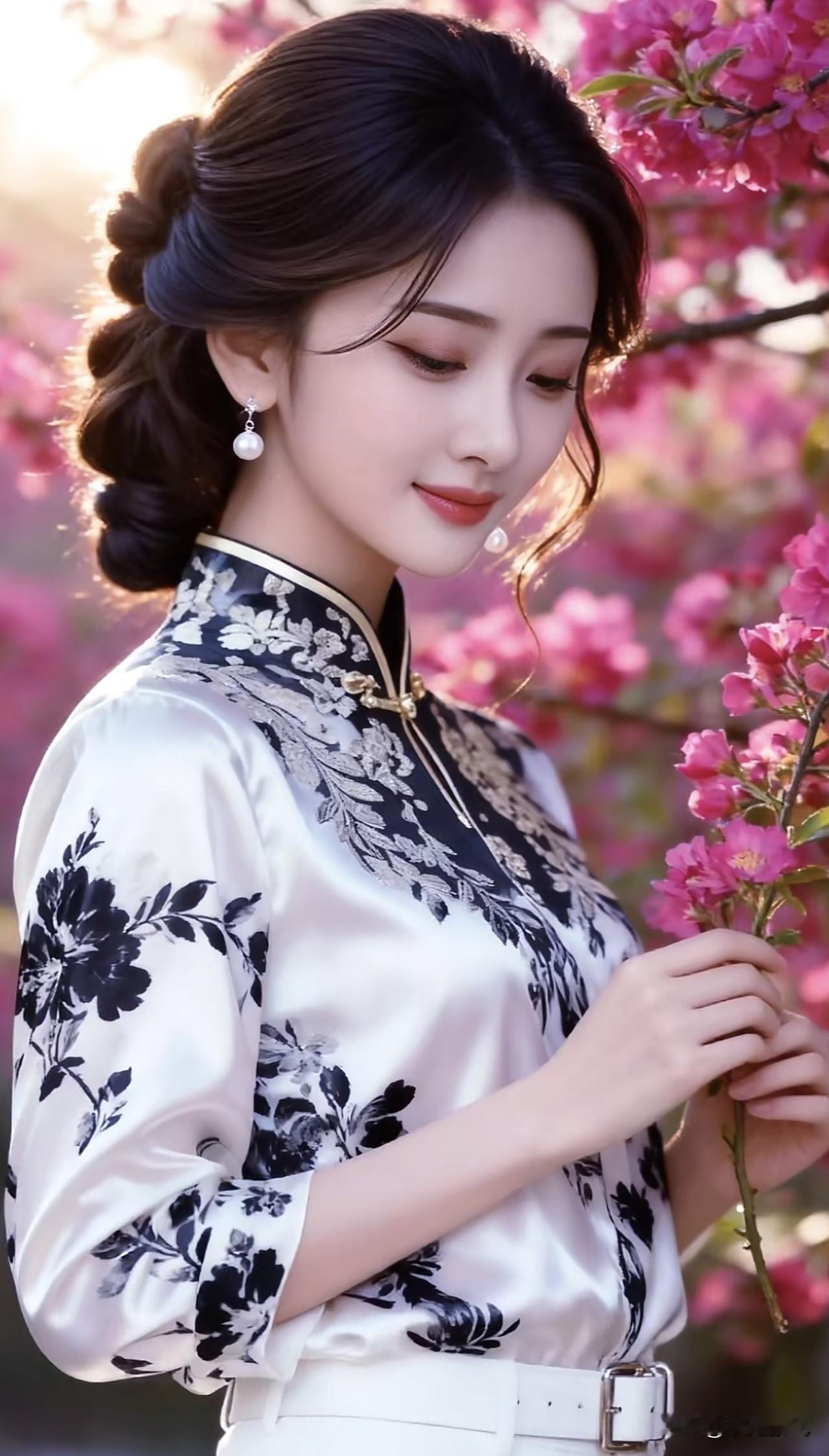优雅古风少女，花间轻抚芳华古典温婉美女古典汉服美人古典国风美女古典汉服美人