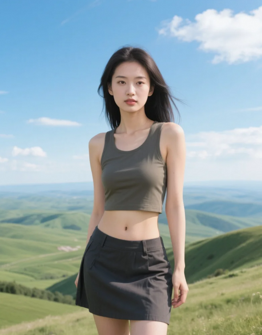 山坡上的亚洲美女，俯瞰草原的自信风采