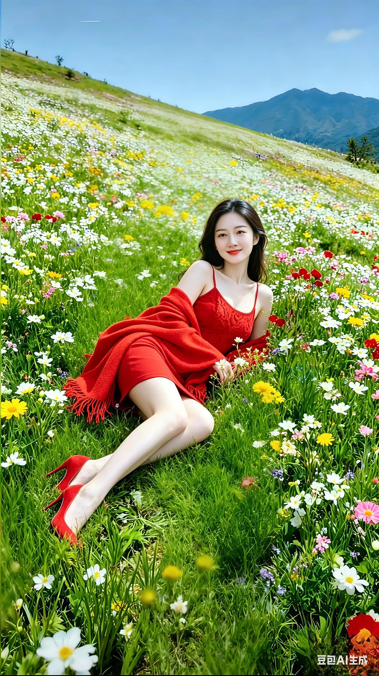 打油诗漫山花草映蓝天，远峰如黛景如烟。红裙佳人卧芳甸，浅笑嫣然意自闲。