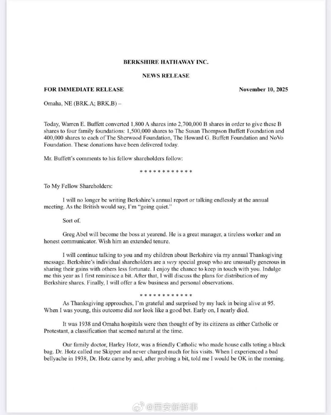 【巴菲特宣布安静辞职】95岁巴菲特再捐超13亿美元当地时间周一，伯克希尔·