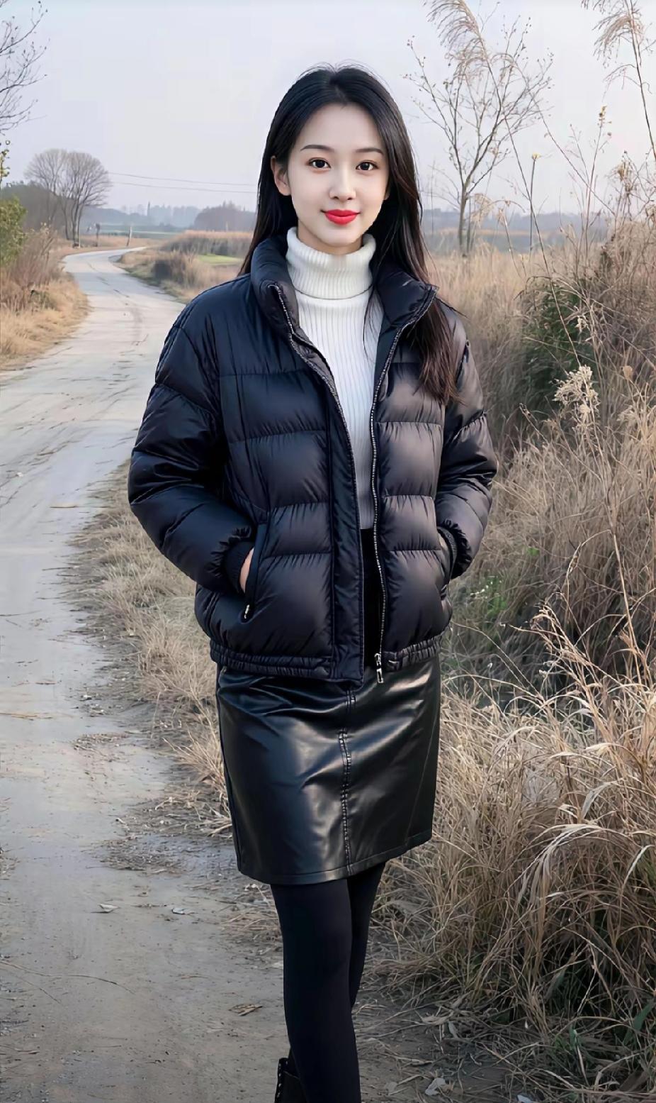 冬日穿搭指南：黑色羽绒服+白色高领毛衣+黑色皮裙，温暖又时尚！