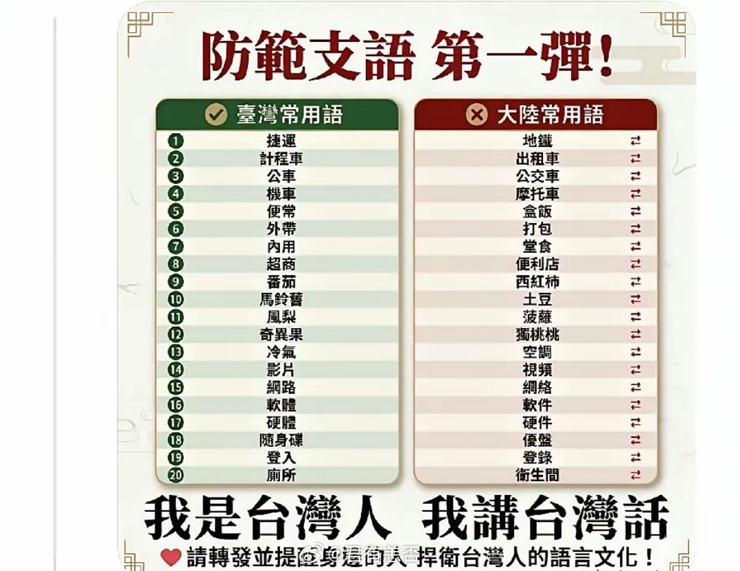 湾湾绿蛙为了和大陆区分，还特意弄了个大陆用语和台湾省用语区分图，还扯什么台湾语言