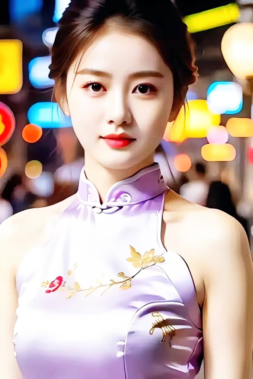 夜色中的东方美人，传统旗袍的优雅与现代都市的繁华交相辉映。