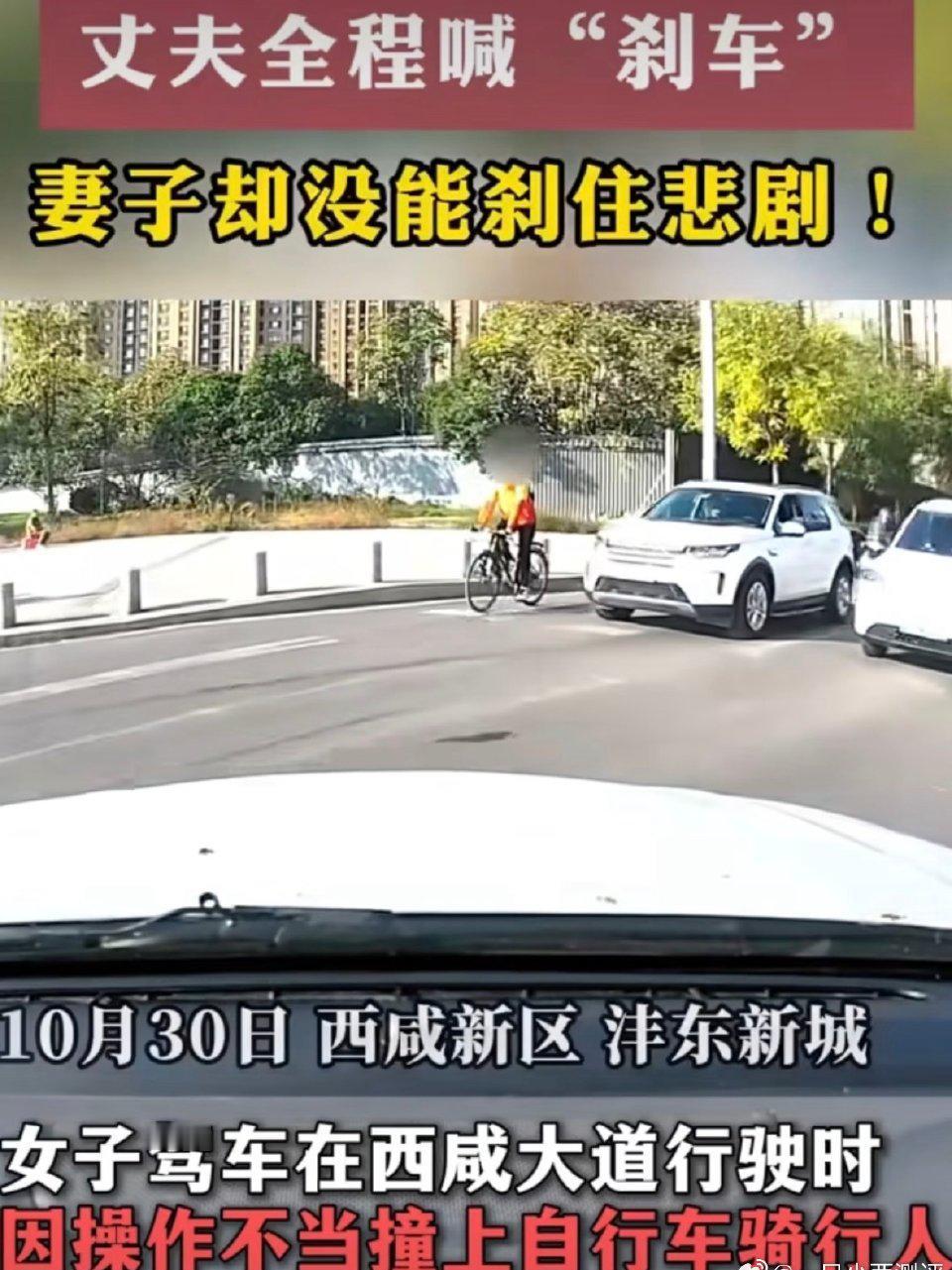 车里丈夫嘶吼着喊了六遍“点刹车”，妻子却慌到问“刹车在哪”，下一秒就撞向了路边骑