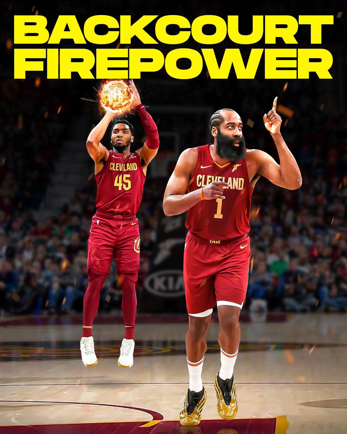 这是一对能疯狂得分的后场组合，哈登和米切尔在任何夜晚都可能各自轰下40分！骑士原