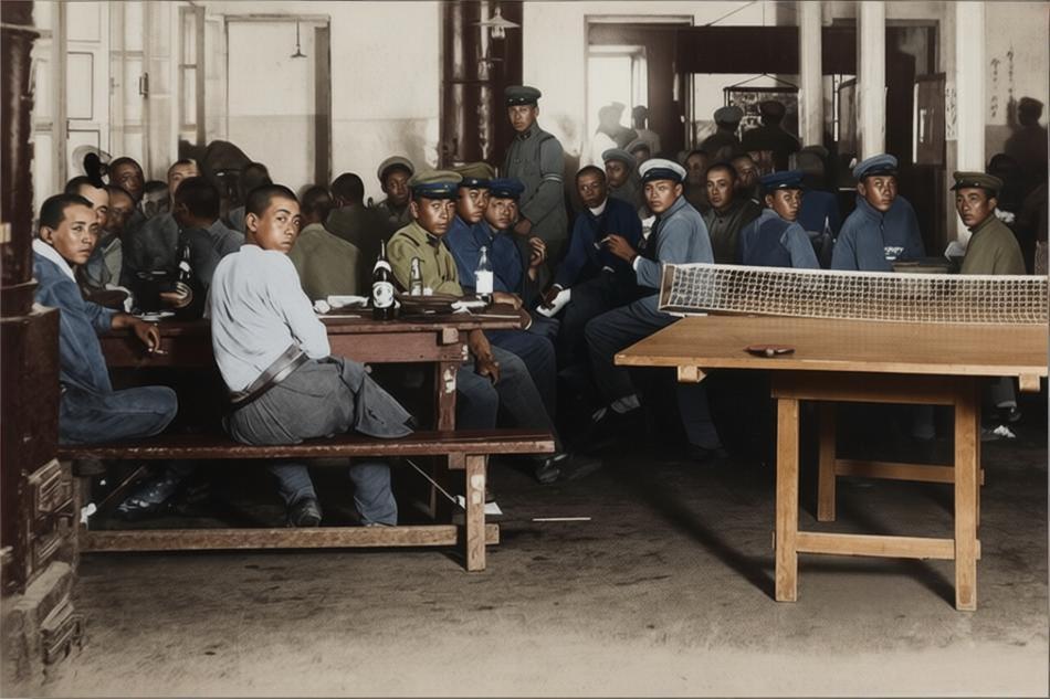 1927年，关东军在东北一处室内营房。粗糙的水泥地面、裸露的木质立柱与斑驳的墙面