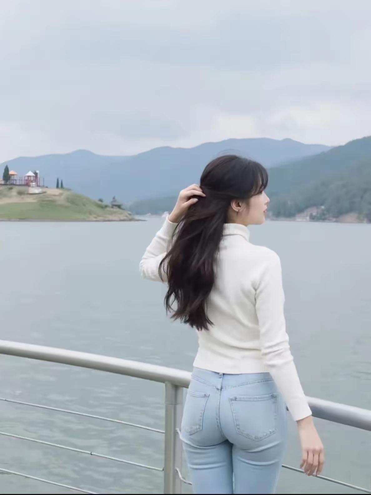 湖畔漫步，轻抚发丝，享受宁静时光。🌊💙🍃