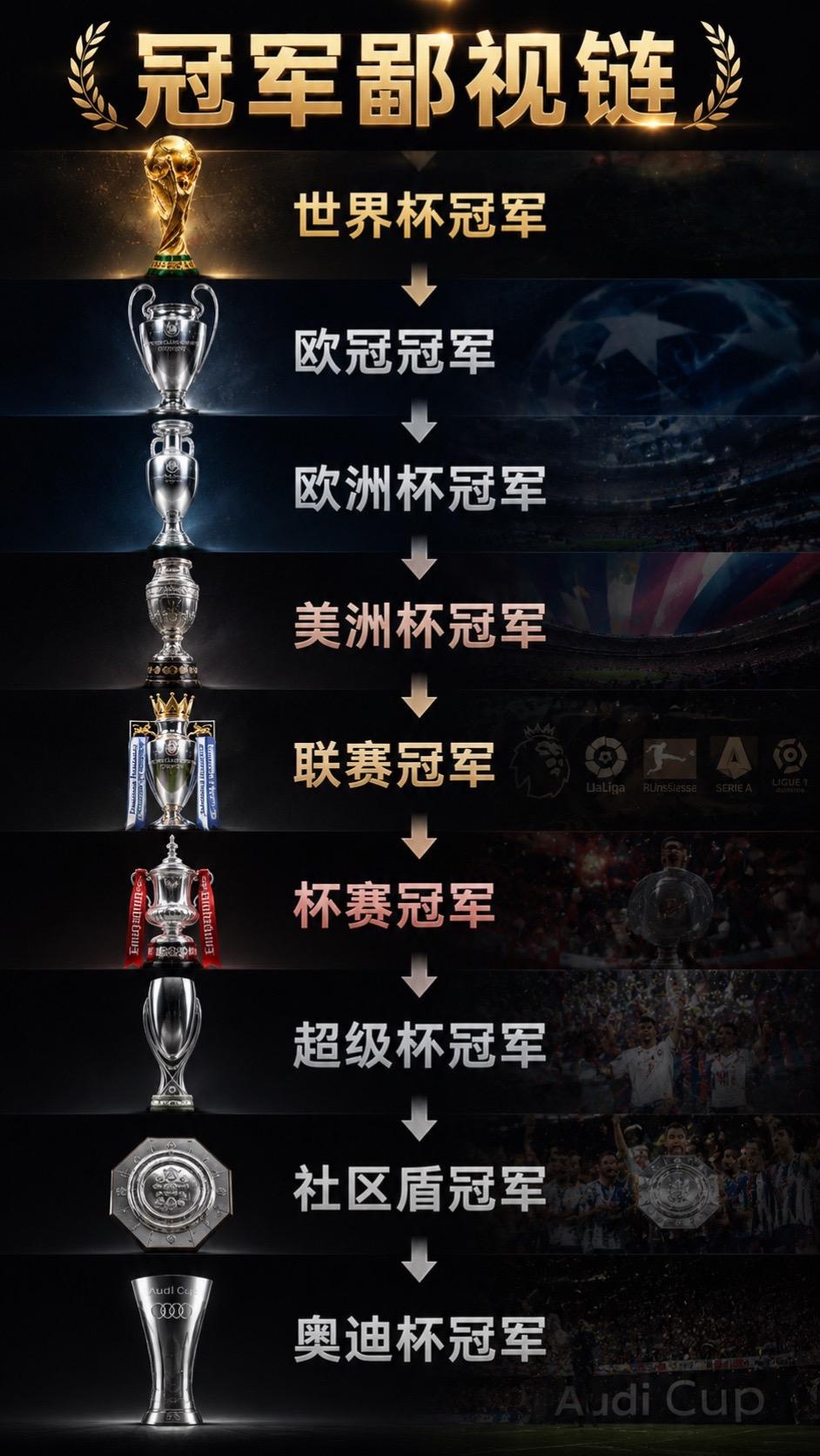 足坛冠军鄙视链，你认可吗？🏆《冠军鄙视链》世界杯冠军站在顶端没什么争议吧？