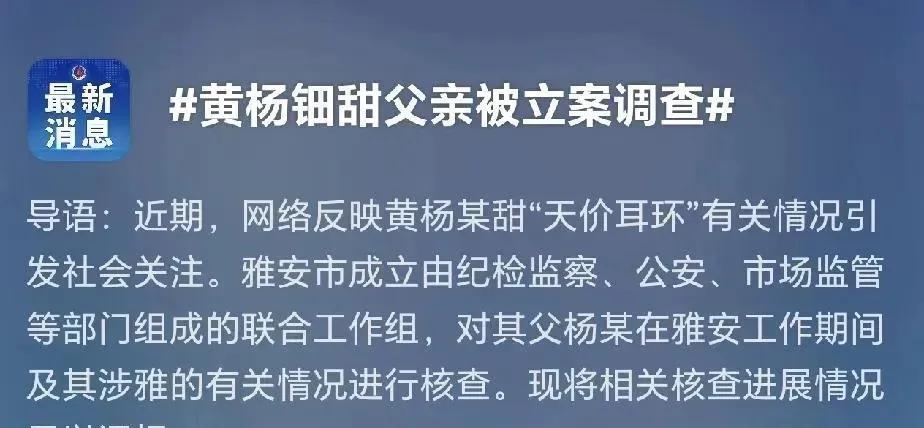 耳环事件后续，终于来了！黄杨钿甜父亲被立案调查！通报内容总结下来主要是3点内