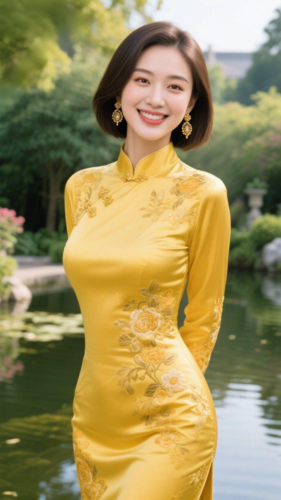 池苑清嘉晓日初开池上烟，晴光遍染林间树一泓澄碧接天光，四面浓阴临水墅圆