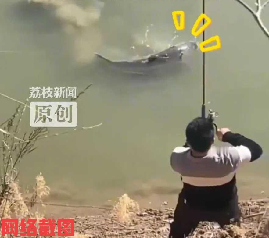 河北邢台有男子在野外池塘中钓鱼。这天男子突然感觉到鱼竿的动静不小，让他心头一