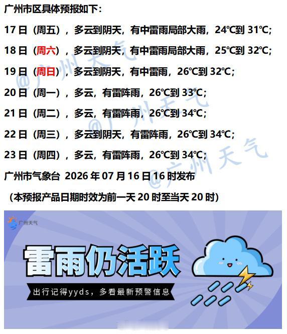 【广州未来七天（7月17日～7月23日）天气概览】目前，广州地区室外天气为阴天间