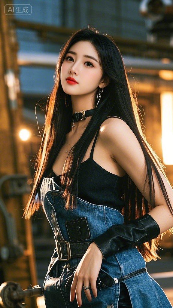 《工业风里的酷飒绽放》钢铁丛林冷意稠，她携热烈立潮头。黑丝如瀑牵星坠，金饰似