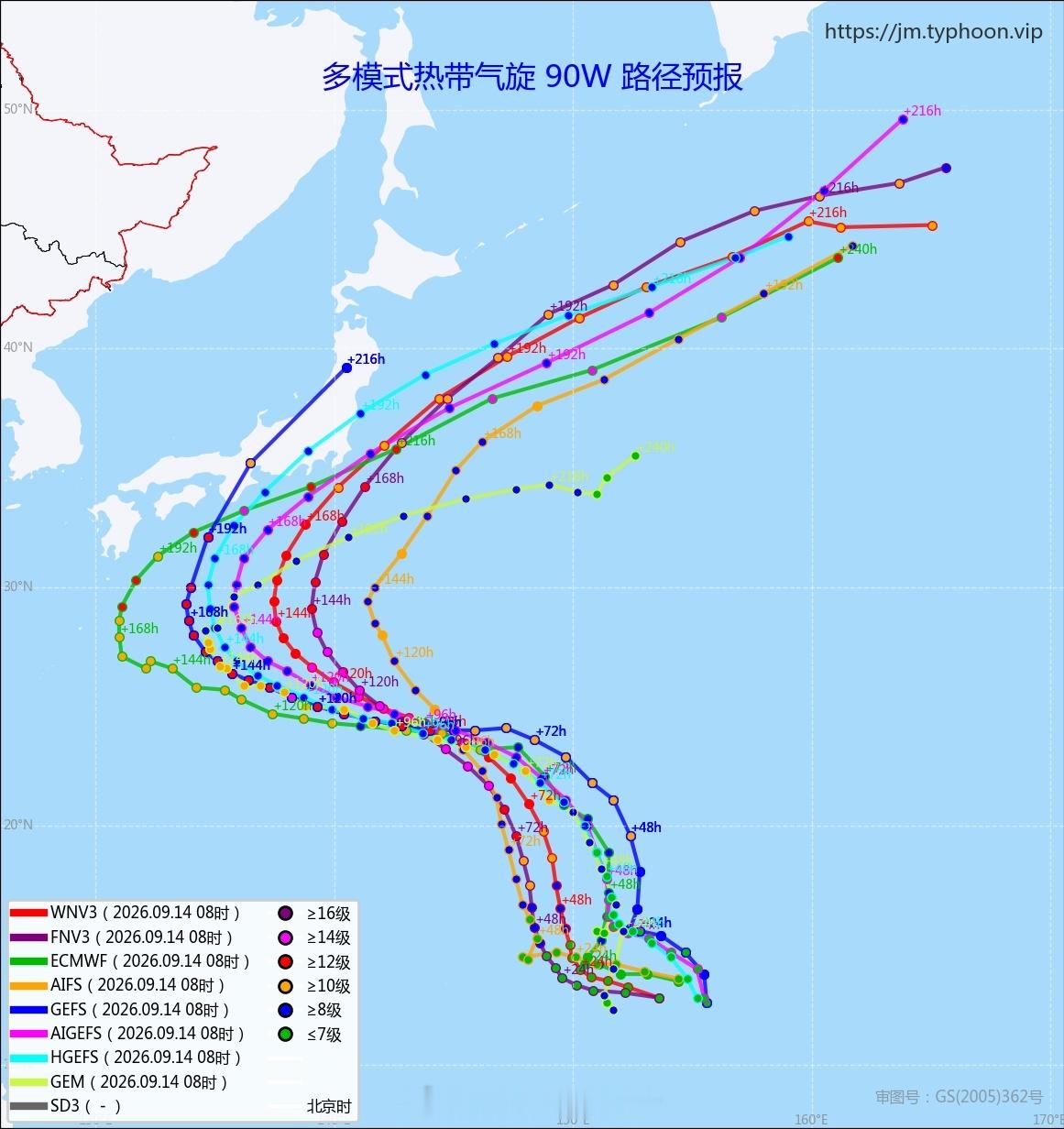 台风杜鹃各模式之间的预报基本是一致的。​​​