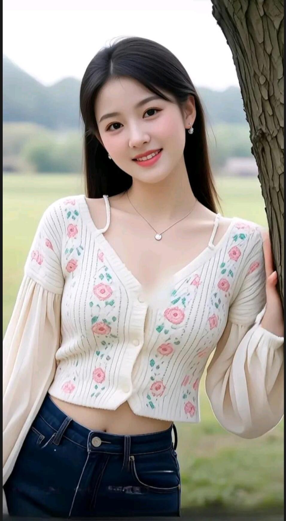 甜美少女风，花裙与绿树相映成趣，清新自然，元气满满！🌸🌿😊