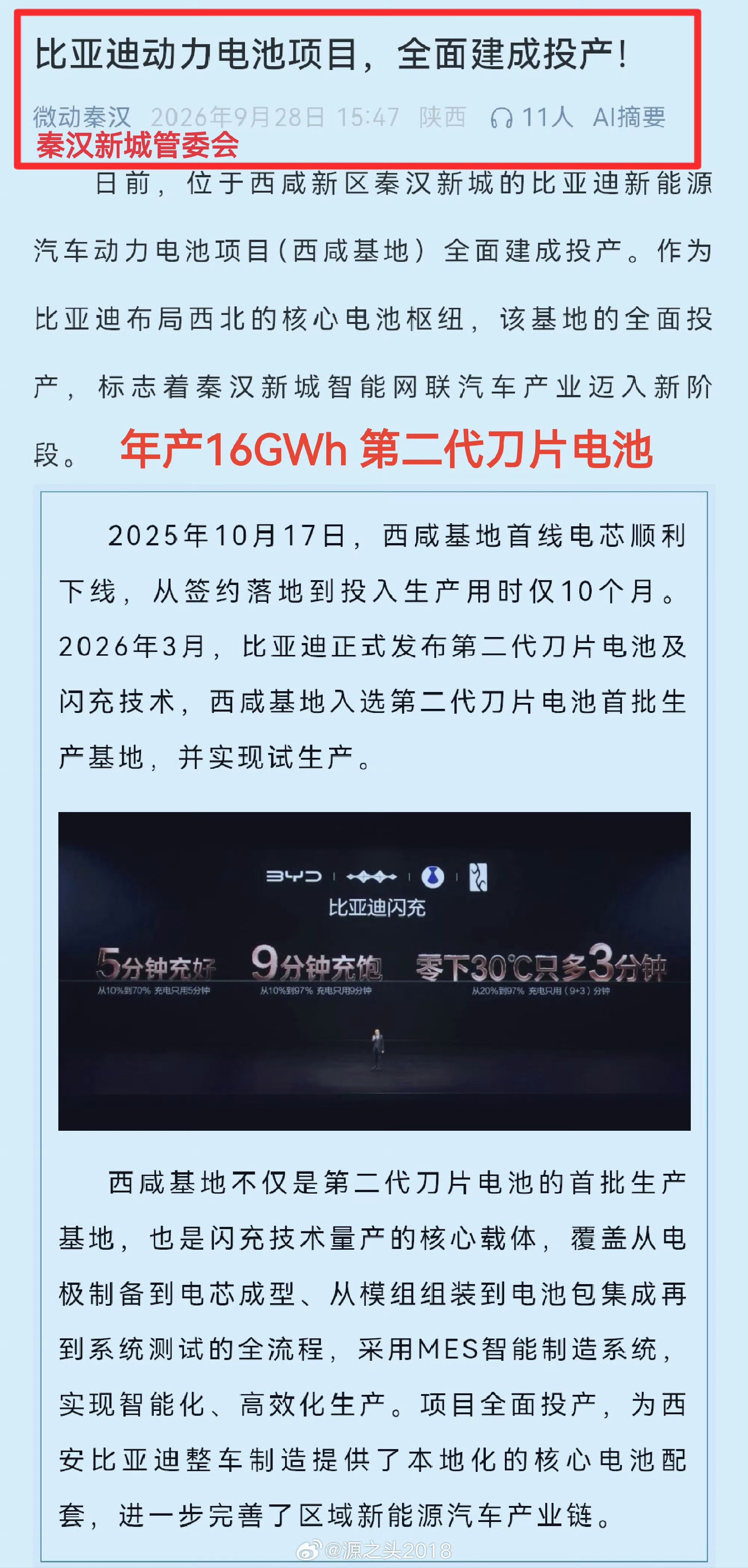 比亚迪西安西咸16GWh第二代刀片电池生产基地全面投产！经过数月持续不断的迭代优化，迪子全新一代叠片