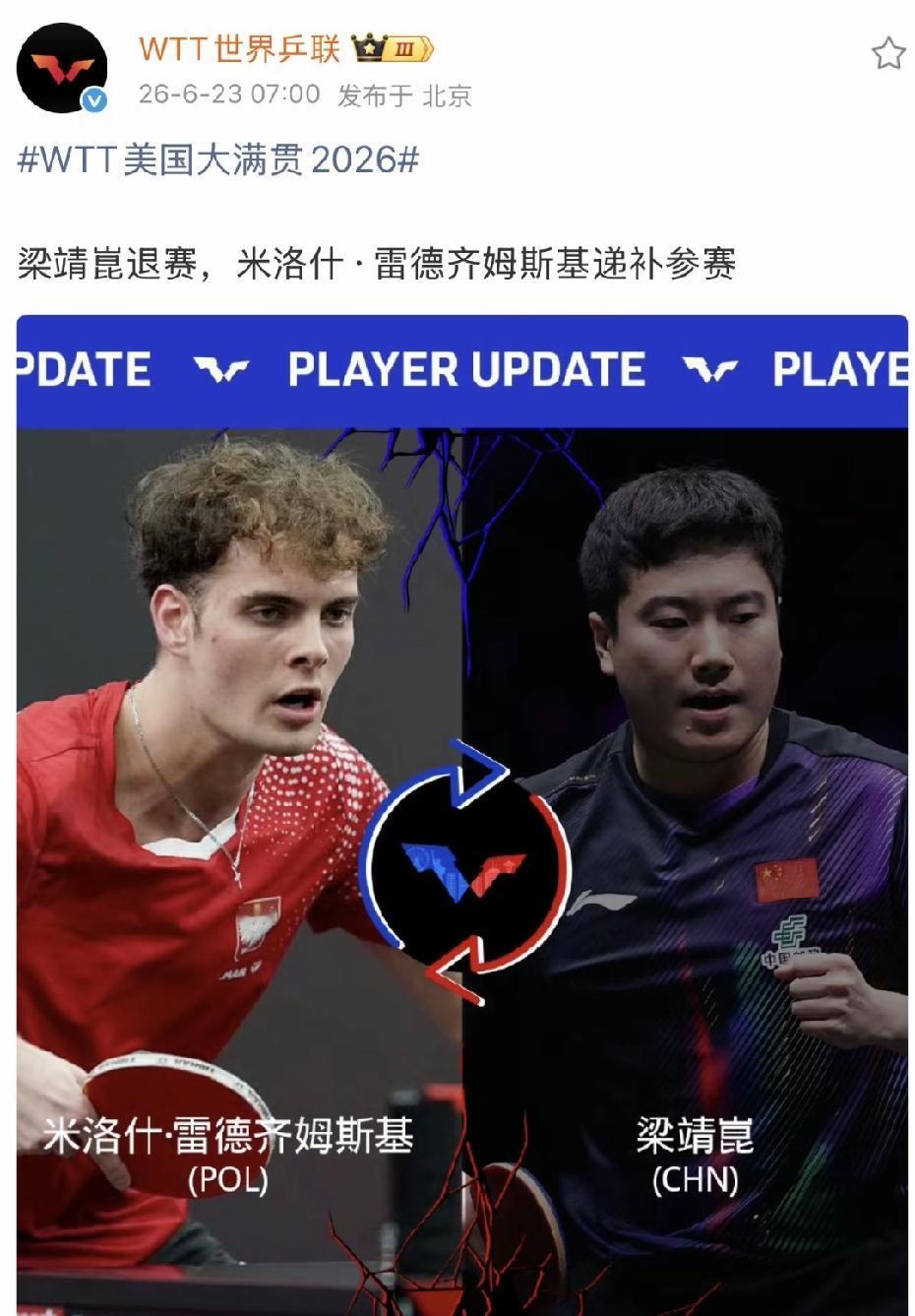 6月23日早上，梁甜甜官宣退赛了！心里还想国乒出发的视频刷了很多，一直没有看到甜