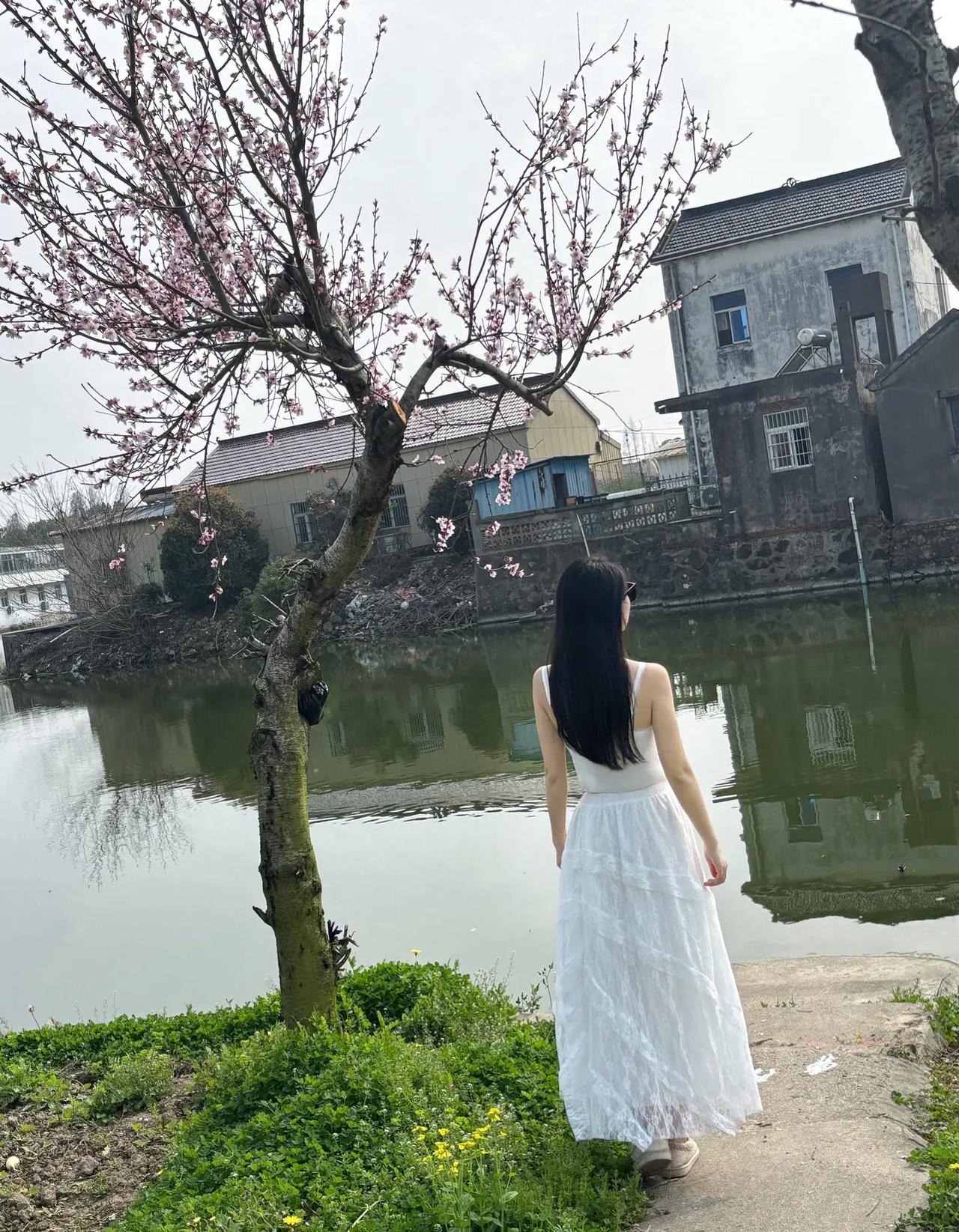 春日漫步，白裙飘飘，静享湖畔美景。