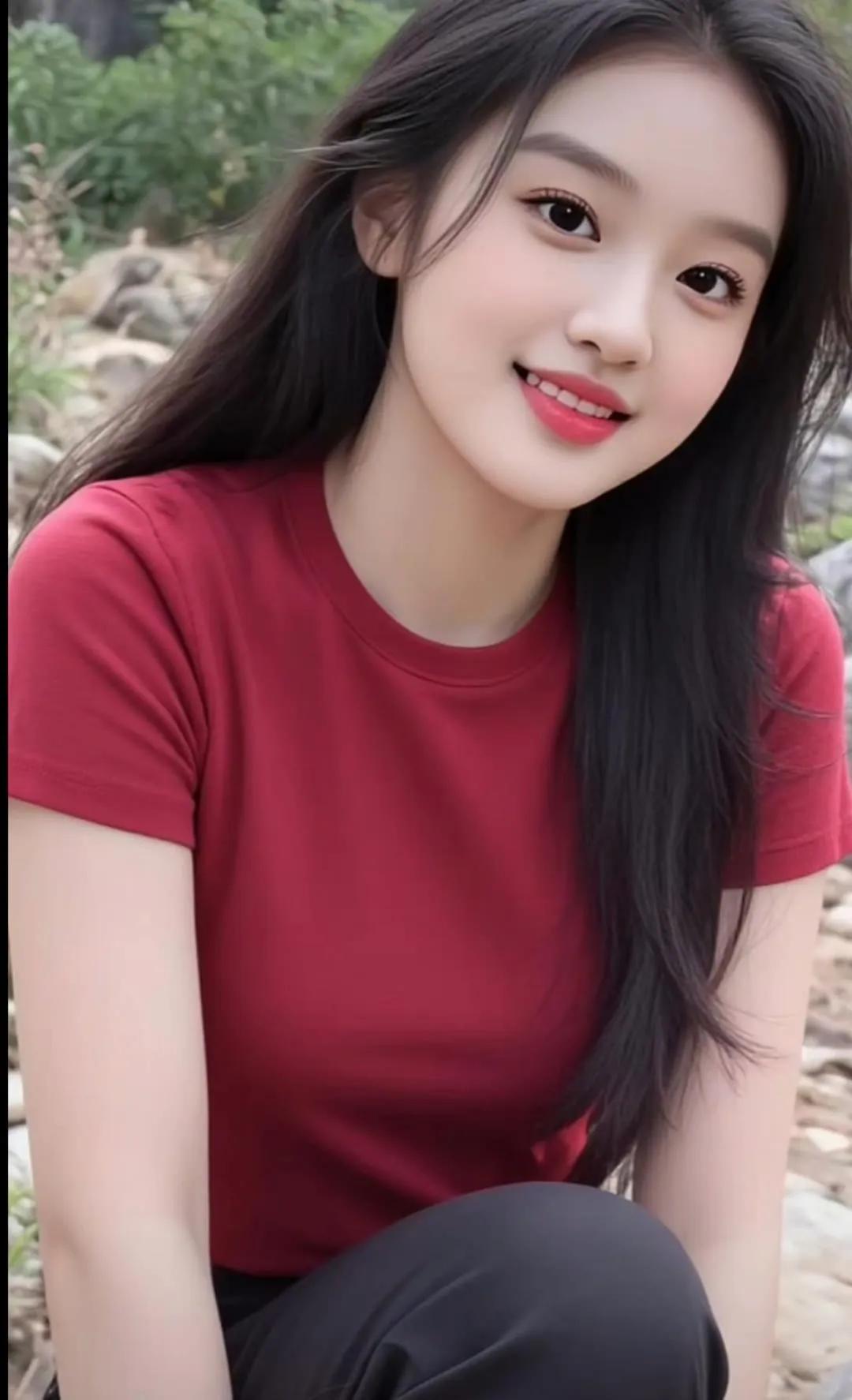 红衣美人倚石坐，笑语盈盈意自闲。气质美女性感女神青春美少女