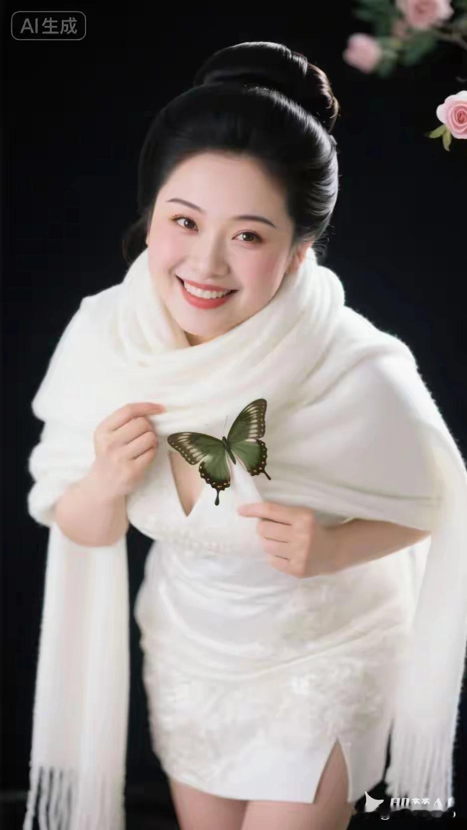 笑靥如花百媚生，目若秋水映繁星。玉颜如莲初绽放，不沾尘世半分埃。