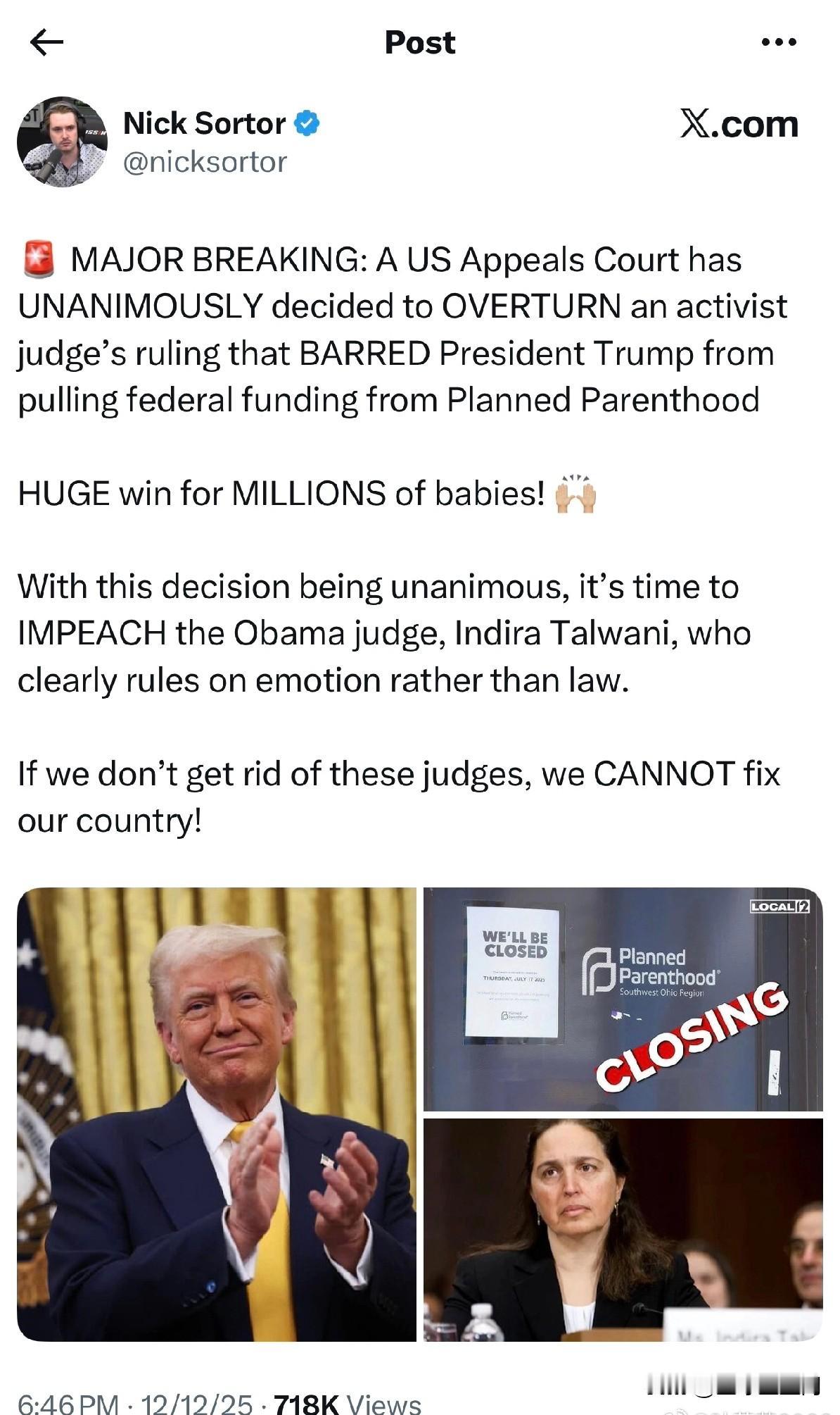 尼克·索托：突发消息：美国上诉法院一致裁定推翻一名激进派法官的裁决，该裁决此前