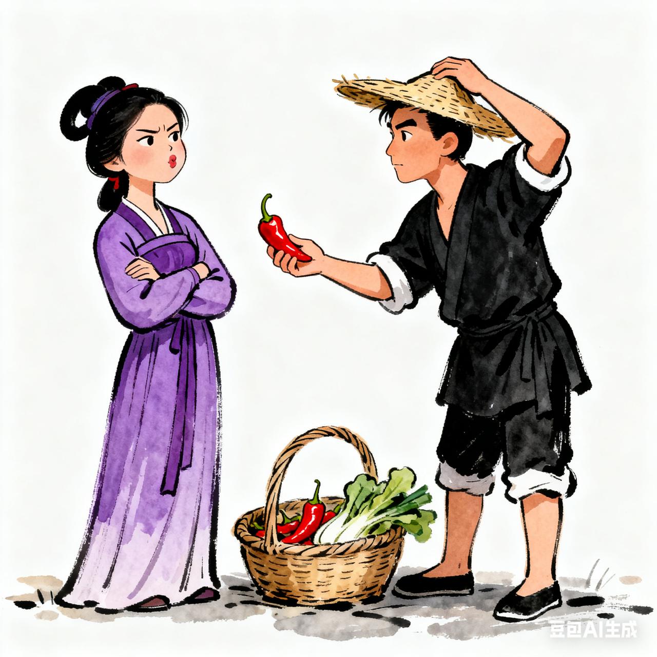 古代夫妻搞笑段子夫妻赶集，丈夫背空筐，妻子攥钱袋。街口糖画摊前，妻子指着龙形