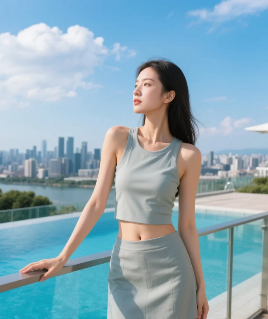 观景台上的亚洲美女，欣赏泳池美景