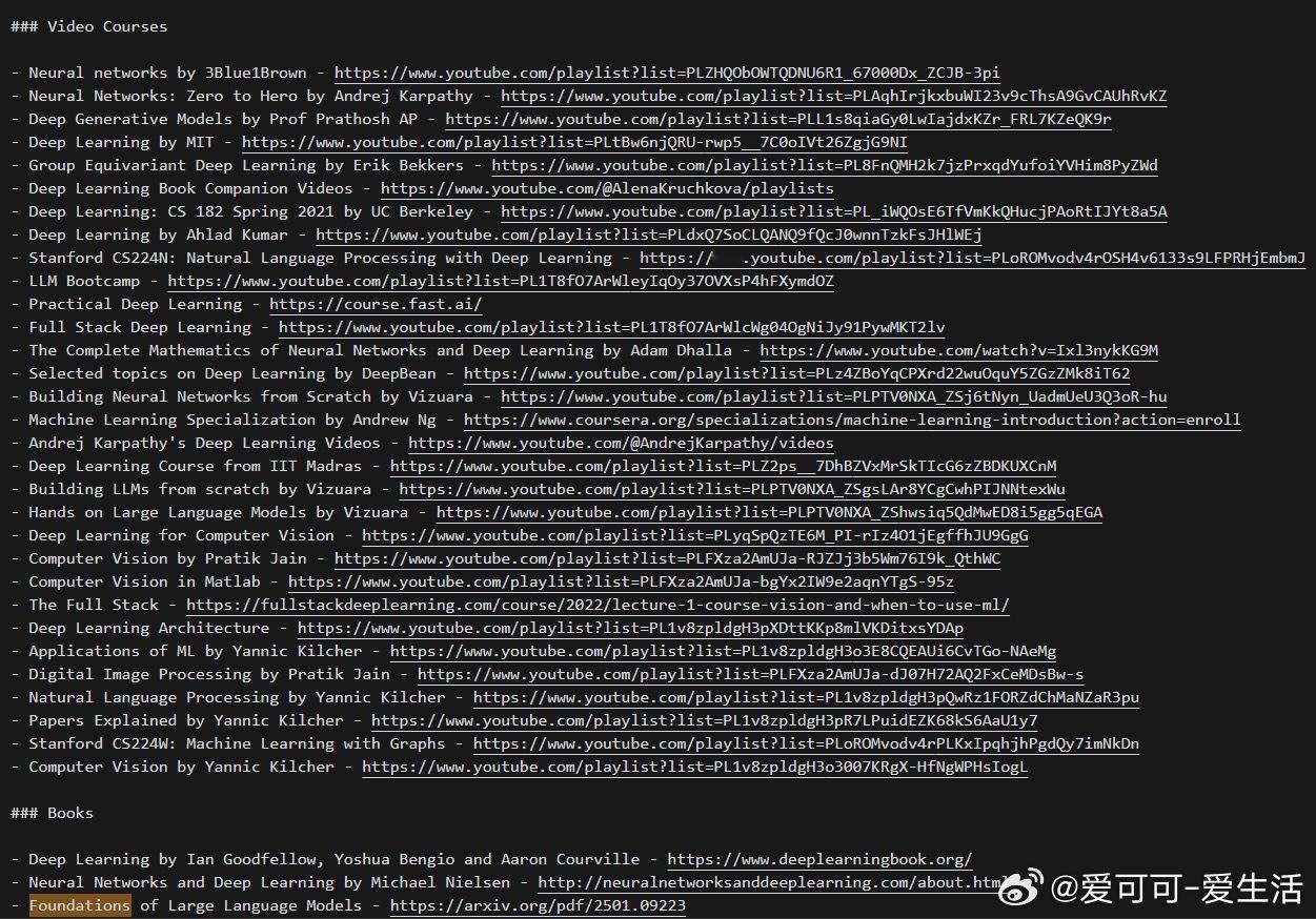 【AI学习资源清单】这份清单由Victor整理，分为视频课程(VideoC