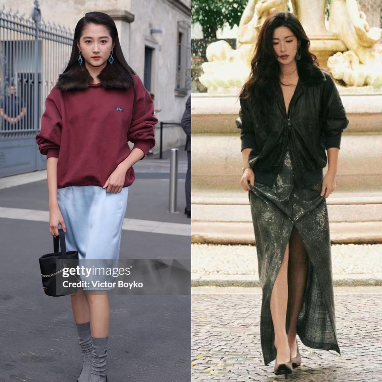 关晓彤和朱珠一起在米兰看秀，两人的对比很有意思。关晓彤穿了一身prada，鞋子