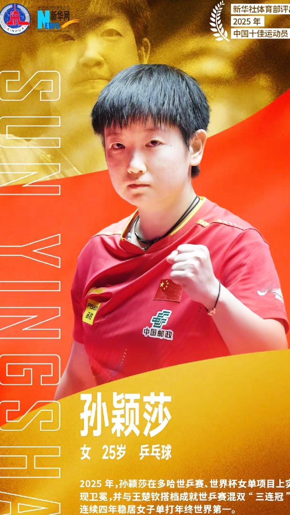 孙颖莎中国十佳运动员，实至名归，可喜可贺。恭喜孙颖莎获得，全国2025