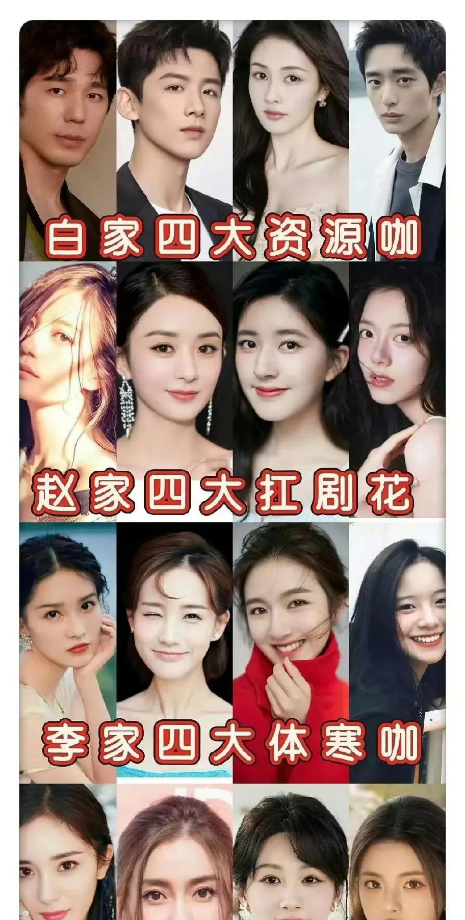 白家：白宇，白敬亭，白鹿，白宇帆赵家：赵V，赵丽颖，赵露思，赵今麦李家：李沁