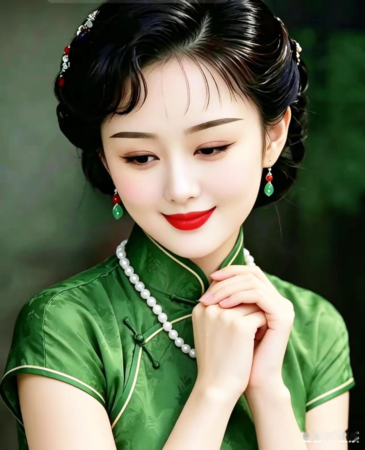 优雅古典的旗袍美女，红唇绿衣，韵味十足！🌸💄👗