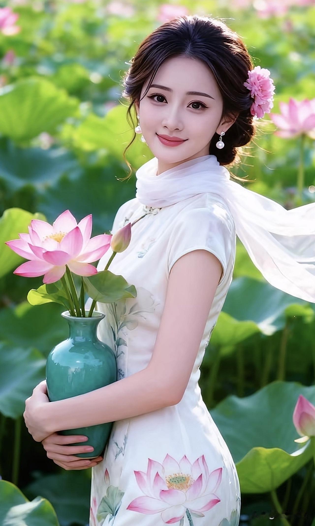 莲花映美人，笑语入画来。莲花好美景水边荷韵照莲花一捻醉成诗荷韵美人图莲花