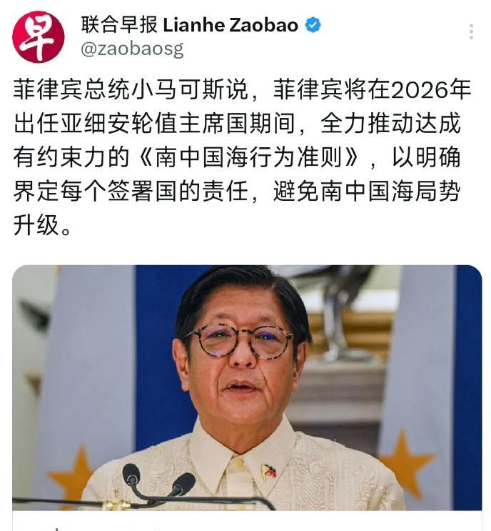 新加坡联合早报8月10日晚报道：“菲律宾总统小马科斯说，菲律宾将在2026年出任