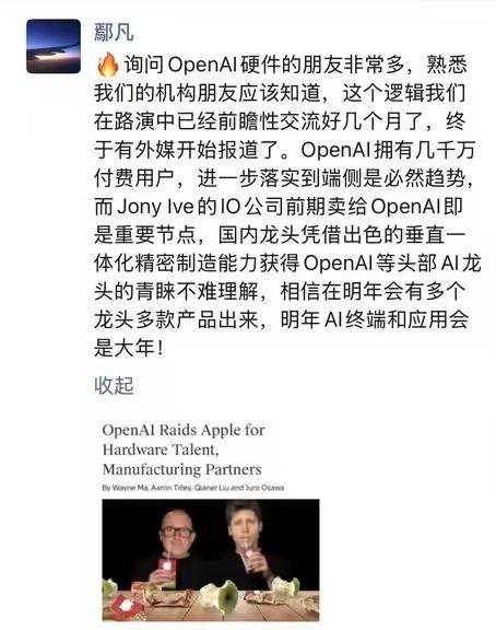新终端硬件的时代！OpenAI要利用苹果链的公司比如立讯、歌尔打造硬件终端。