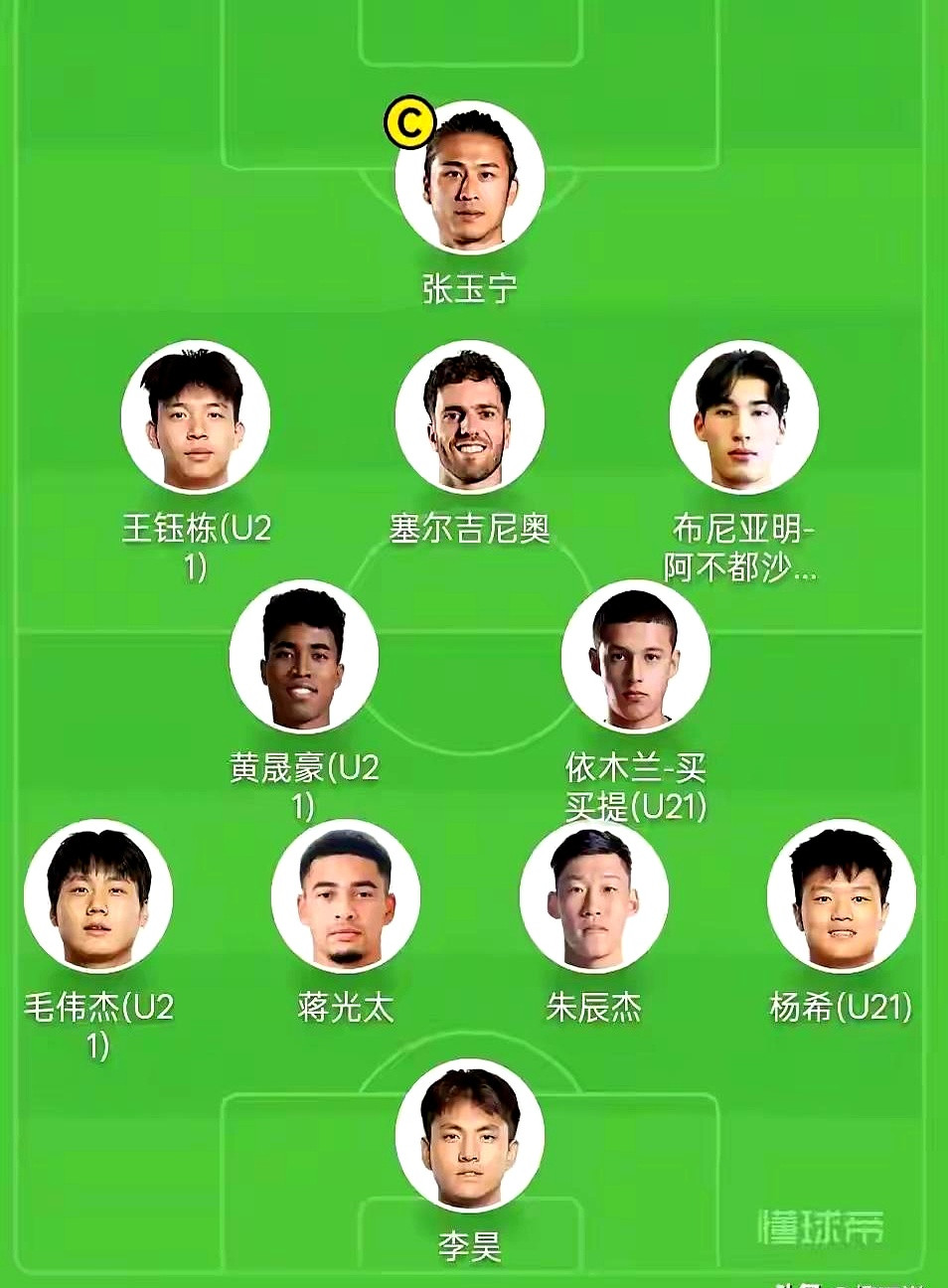 张玉宁做单箭头，身后塞尔吉尼奥调度，俩边路王钰栋和布尼亚明冲起来——光看纸面这速