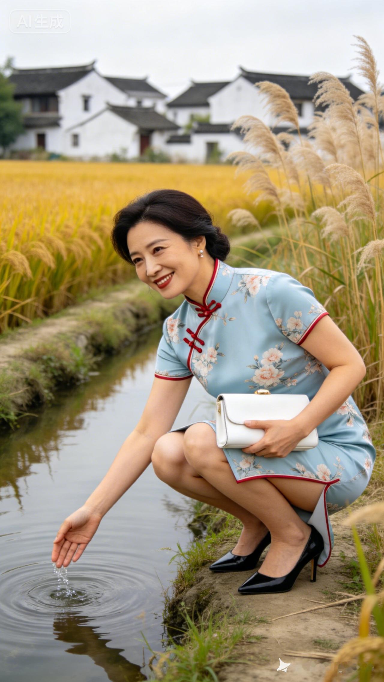 优雅的旗袍美人，在田野间与自然亲密接触，感受生活的宁静与美好。