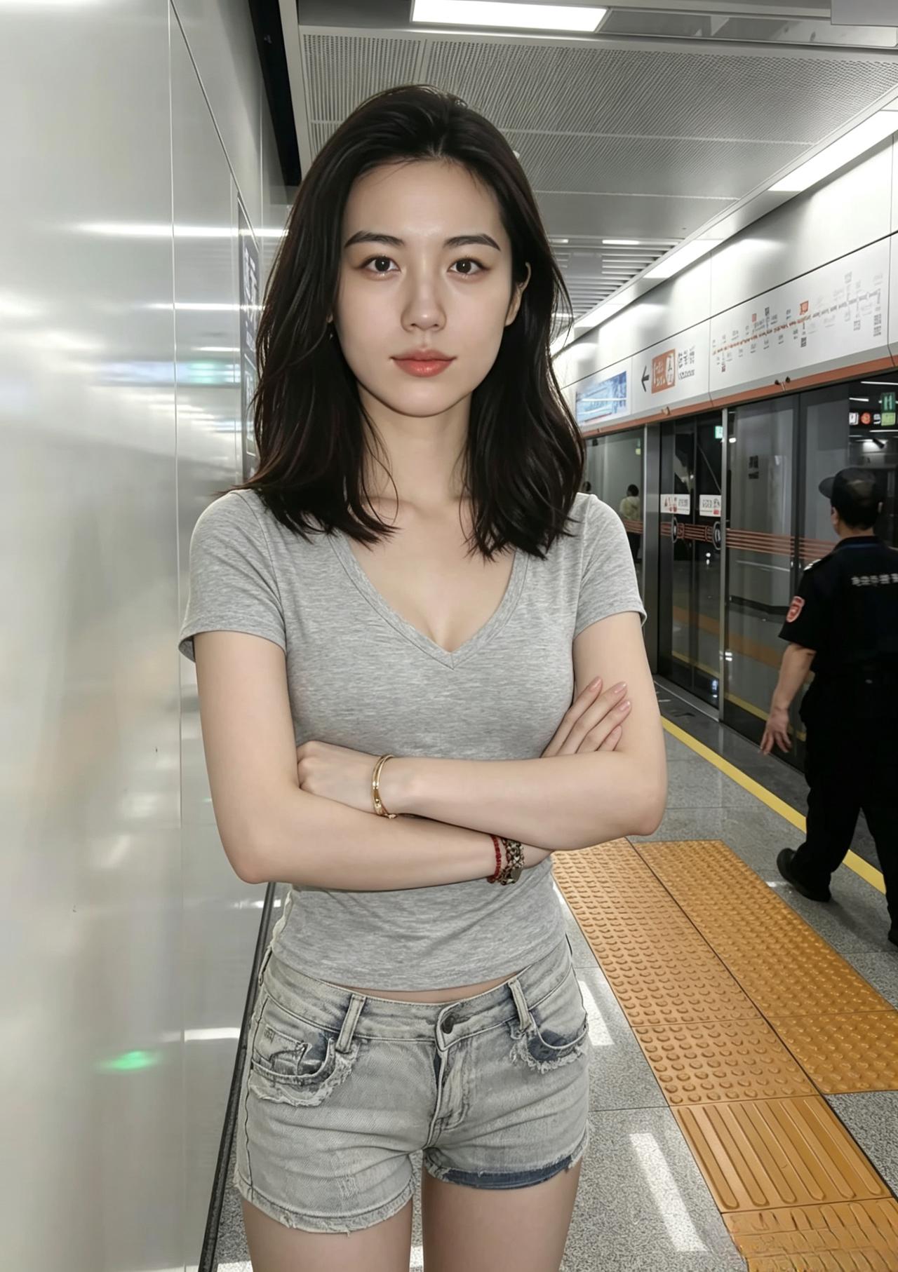 城市地铁的光影里简单灰T与牛仔利落又松弛你从容抱臂没有刻意的装点干净、