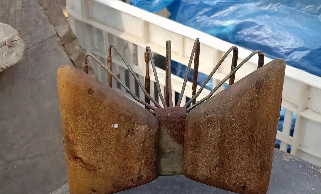 在杂物堆里翻出这么个怪东西，俩锈迹斑斑的铁片像蝴蝶翅膀，中间还支棱着好些铁丝。这