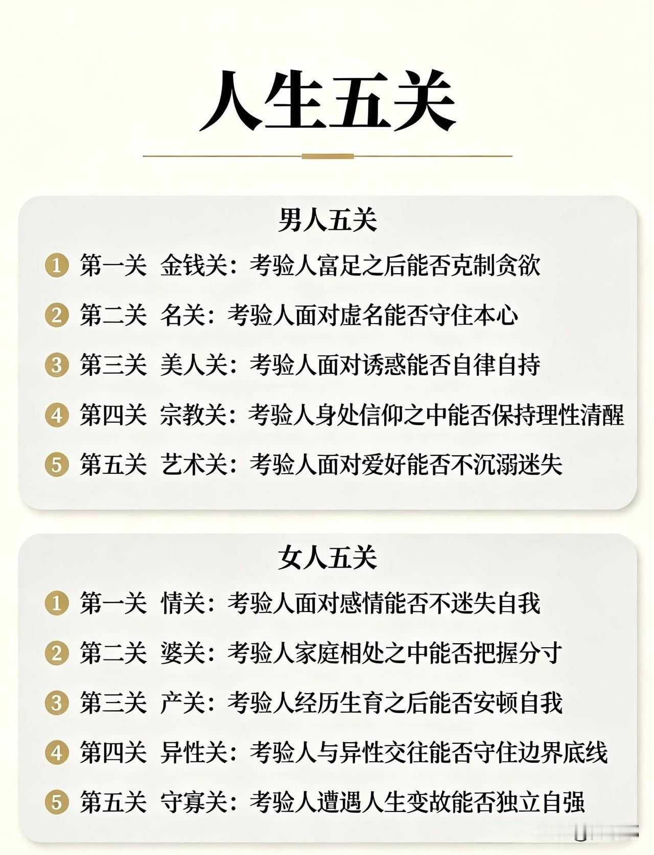 人生五关。男人的五关和女人的五关。[祈祷]男人和女人这一生都要闯关。谁也不比谁容