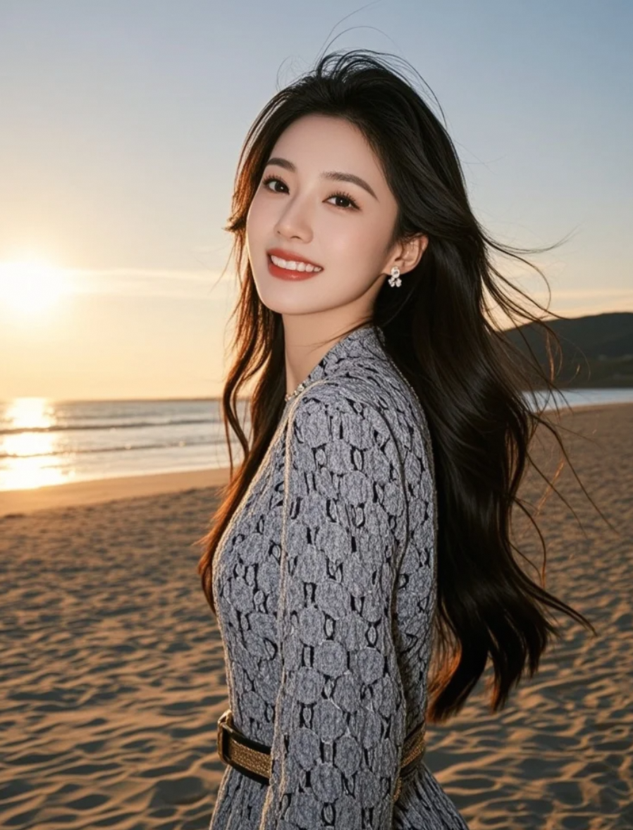 金色沙滩上，长发女神迎着晚风，姿态曼妙，诗意盎然